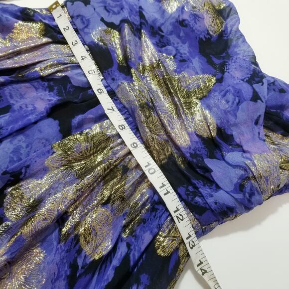 Nicole Miller Gold Metallic Blue Silk Blend Fit and Flare Cocktail Mini Dress - Picture 6 of 12